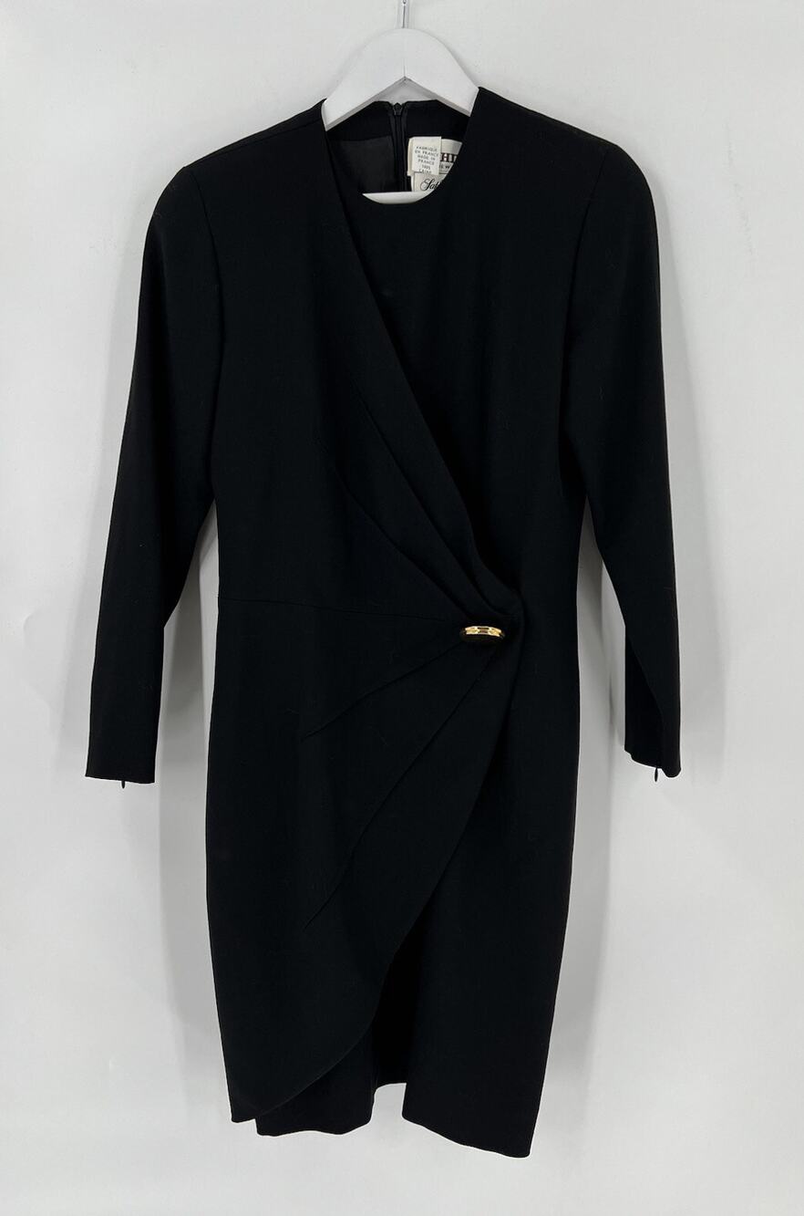 Richilene Vintage Dress Womens Small Black Pleated Gold Button Long Sleeves 80s
